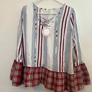 Umgee Grey/Burgundy/Plaid Fall Crop shirt size small NWT
